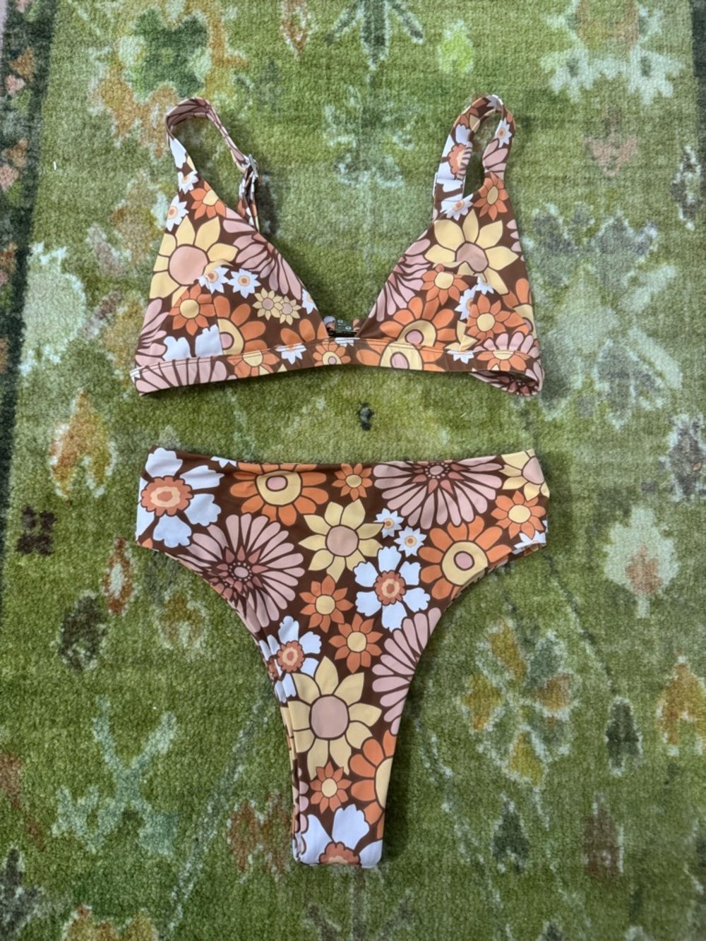 Kavala Floral Triangle Bikini Set in Brown, Yellow, Pink, and Orange